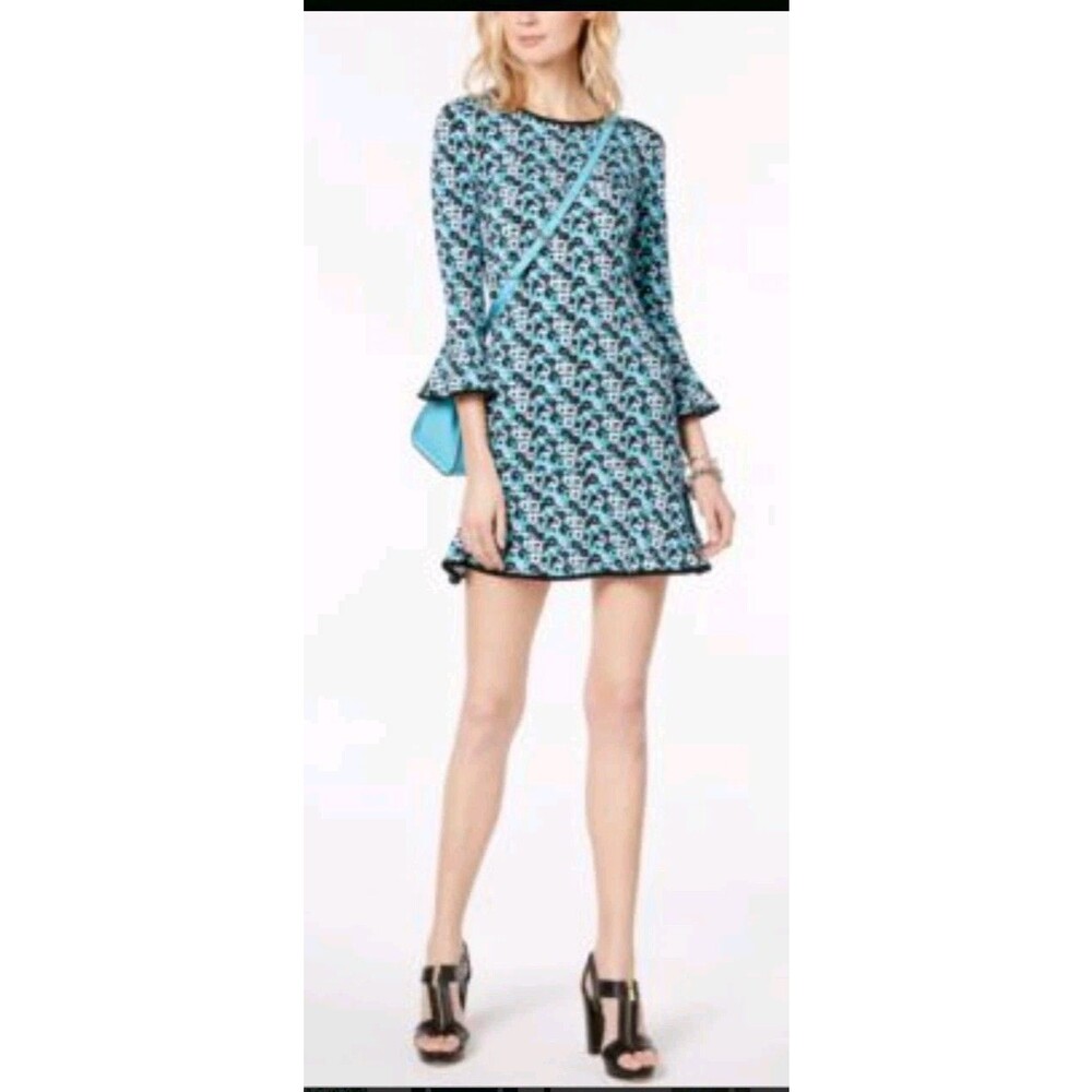 Michael Kors Flounce Dress Carnation Floral Ruffle Bell Sleeve Shift Size Small